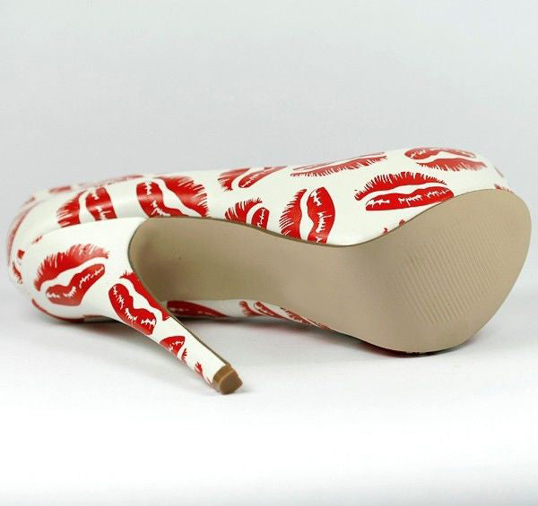 Women's Red Lips Print Stiletto Heels Platform Pumps by FSJ