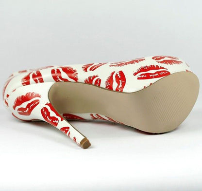 Women's Red Lips Print Stiletto Heels Platform Pumps by FSJ