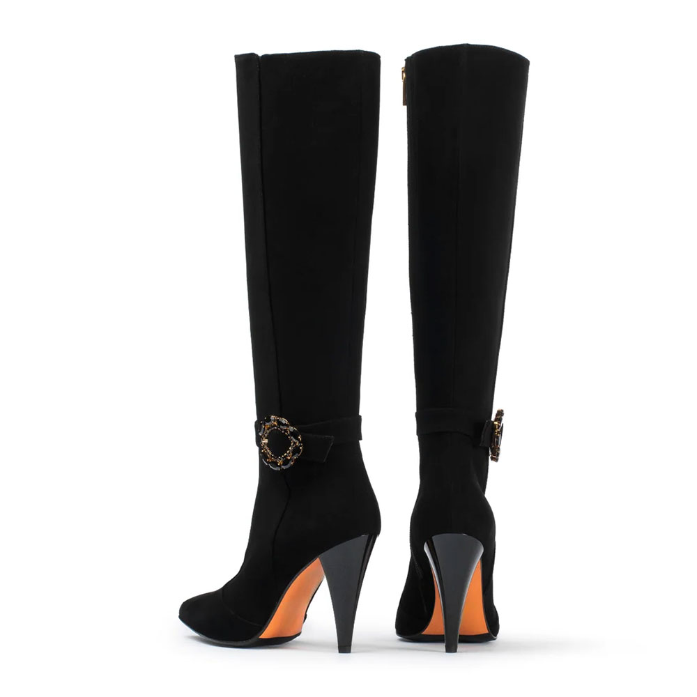 Black Cone Heel Crystal Buckle Strap Vegan Suede Knee High Boots