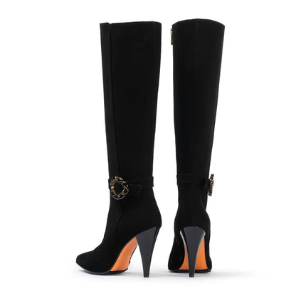 Black Cone Heel Crystal Buckle Strap Vegan Suede Knee High Boots