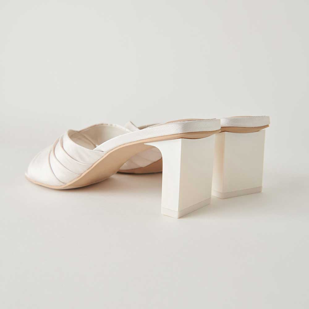 White Satin Square Toe Block Heel Ruched Mule Sandals for Wedding