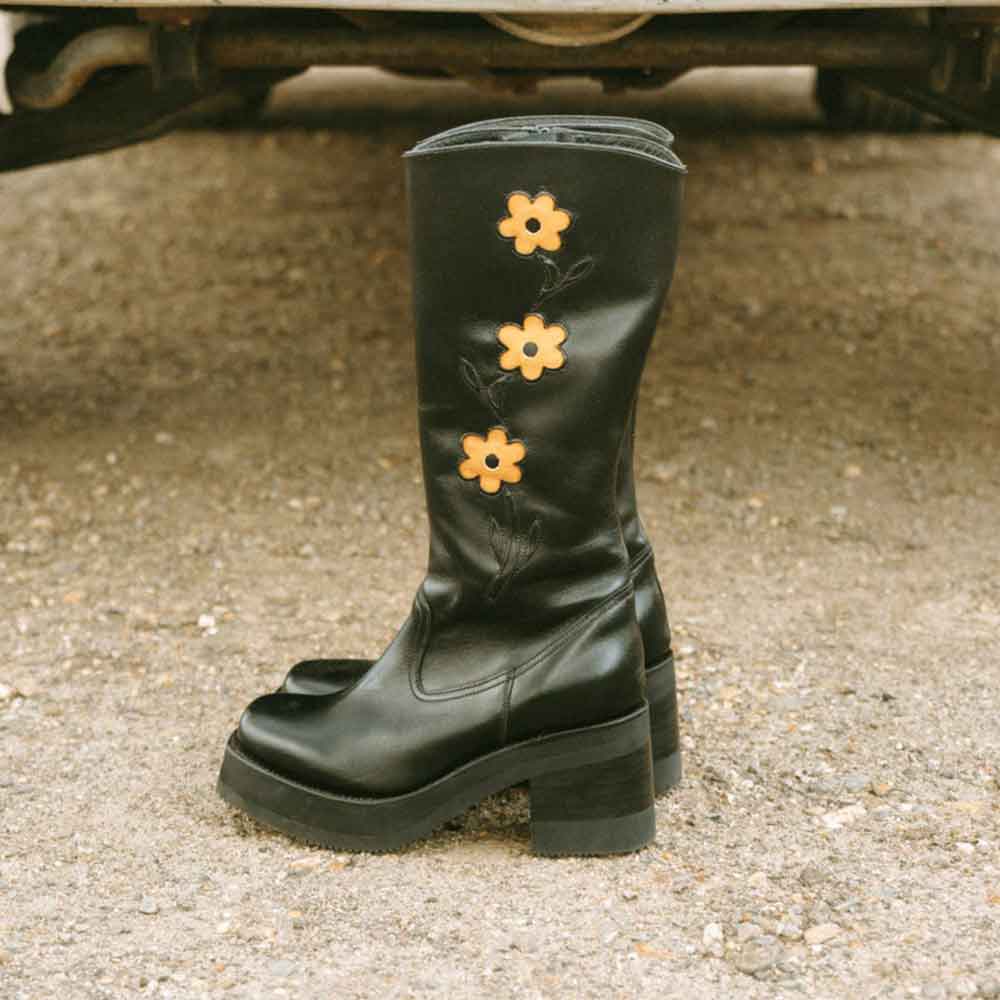 Black Square Toe Flower Inlay Chunky Heel Platform Mid Calf Boots