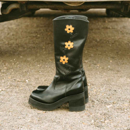 Black Square Toe Flower Inlay Chunky Heel Platform Mid Calf Boots