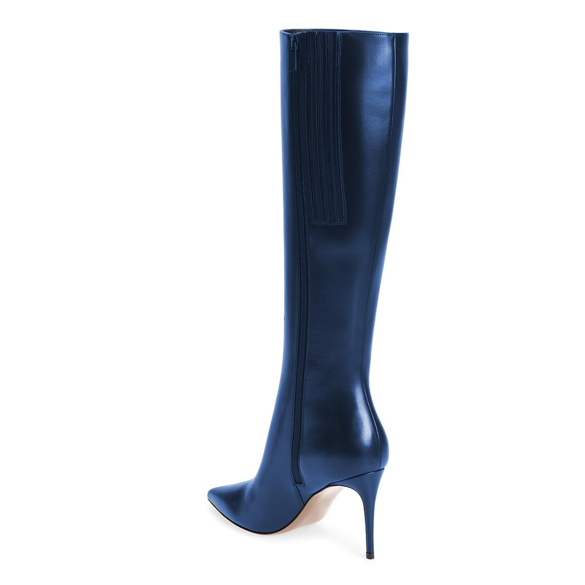 Navy Vegan Leather Stiletto Heel Side Zipper Knee High Boots
