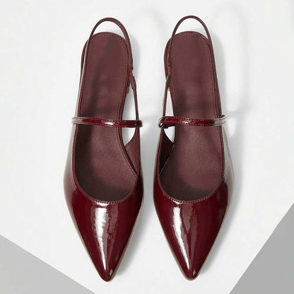 Burgundy Patent Leather Pointed Toe Flats Slingback Shoes for Women