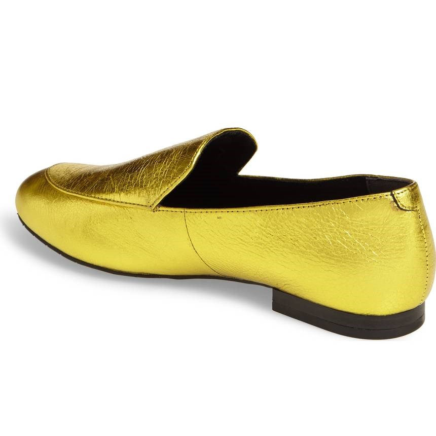 Gold Litchi Grain Round Toe Flats Women's Loafers by FSJ