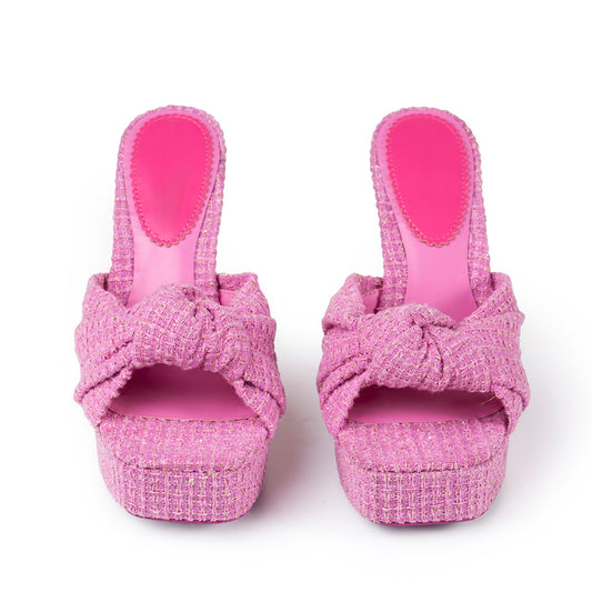 Pink Square Toe Woven Knotted Flared Heel Mules Sandals with Platform