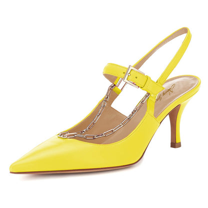 Yellow Stiletto Heel Buckle Strap Slingback Pumps Shoes with Chain
