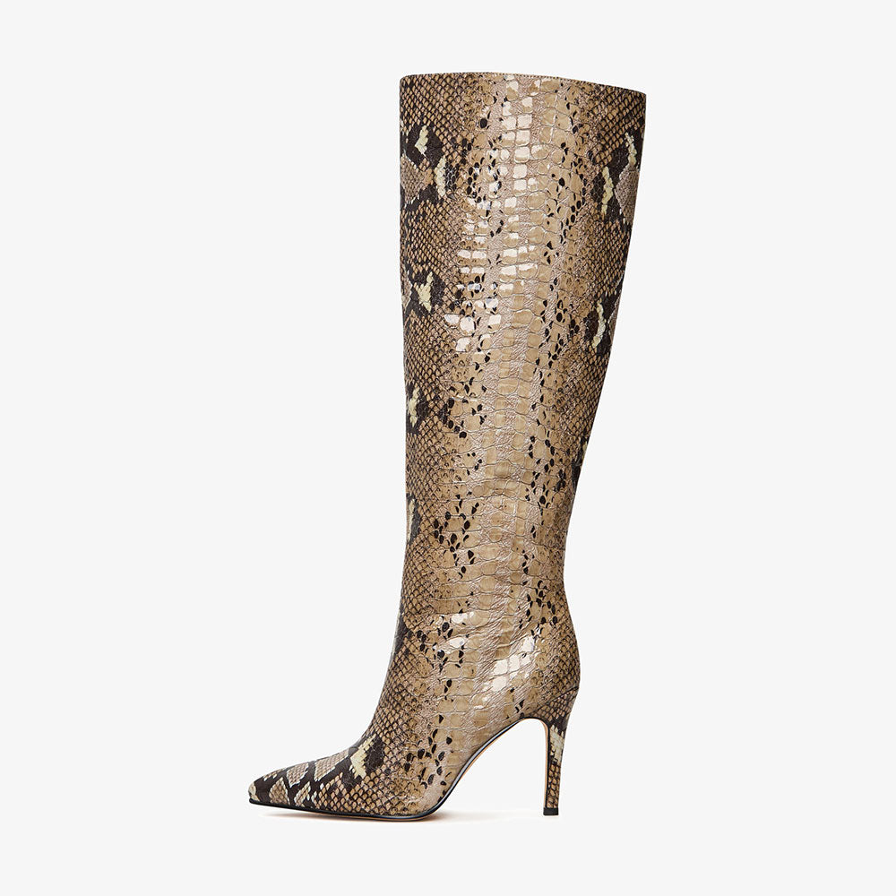 Snakeskin Embossed Stiletto Heel Pointed Toe Knee High Boots