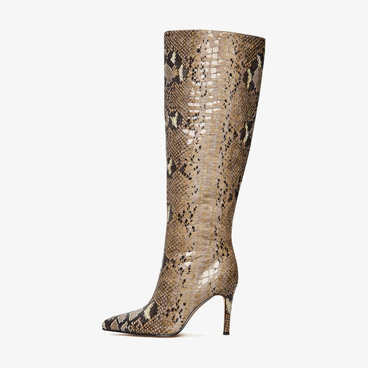 Snakeskin Embossed Stiletto Heel Pointed Toe Knee High Boots