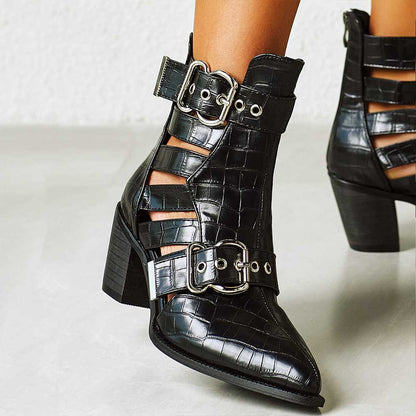 Black Croco Embossed Ankle Boots Cut Out Buckle Heeled Booties