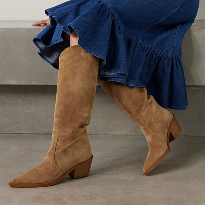 Light Brown Vegan Suede Pointed Toe Chunky Heel Knee High Boots