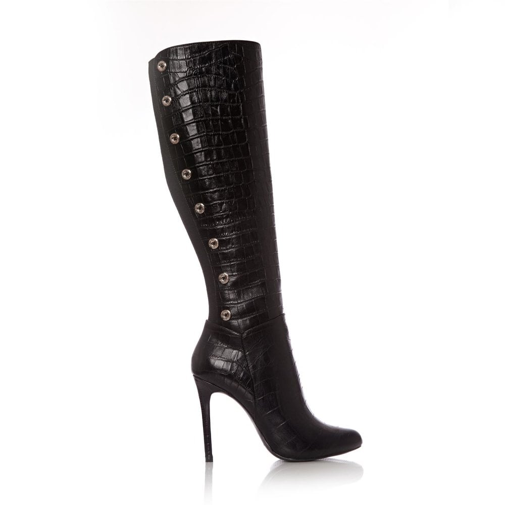 Black Croco Vegan Leather Long Boots Metal Button Knee High Boots
