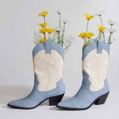 Blue & Nude Denim Pointed Toe Daisy Mid Calf Boots with Chunky Heels