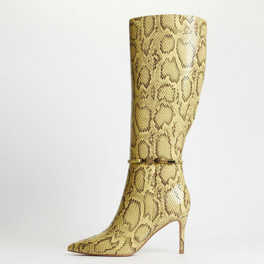 Yellow Python Embossed Stiletto Heel Buckle Decor Knee High Boots