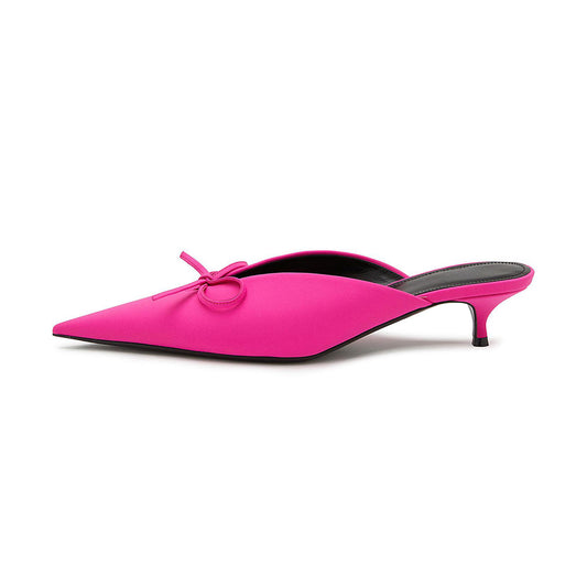 Women's Fuchsia Fabric Kitten Heel Pointy Toe Mules Shoes with Bow