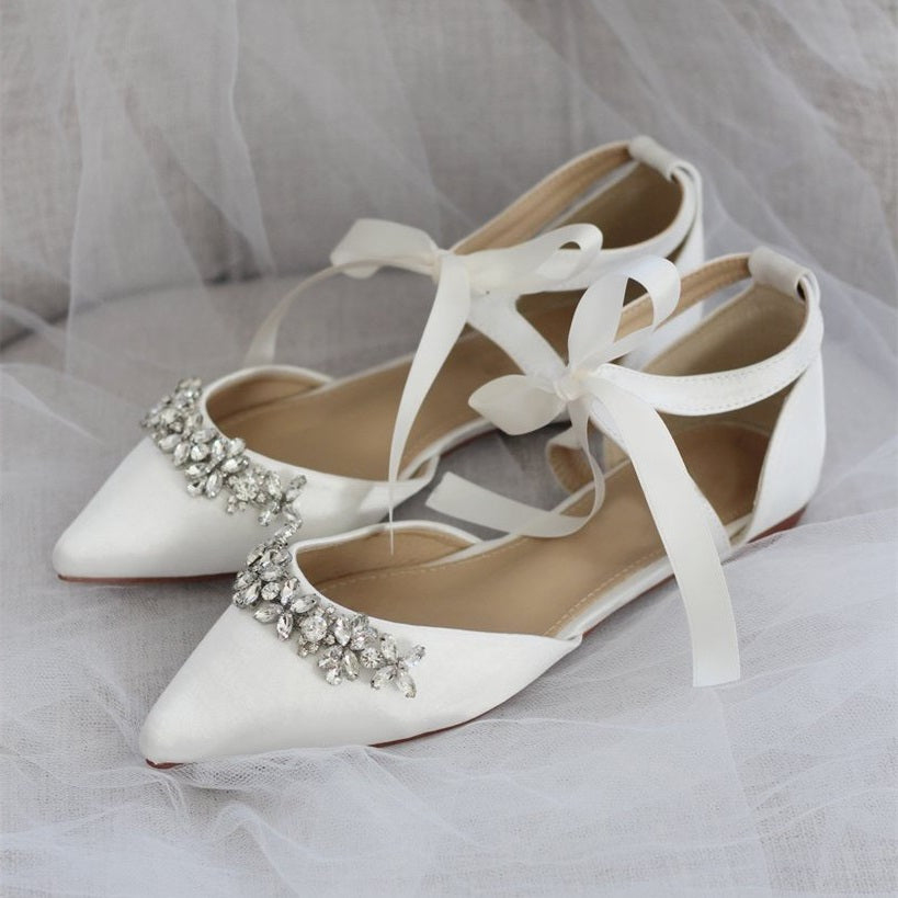White Satin Bow Lace Up Rhinestone Wedding Flats