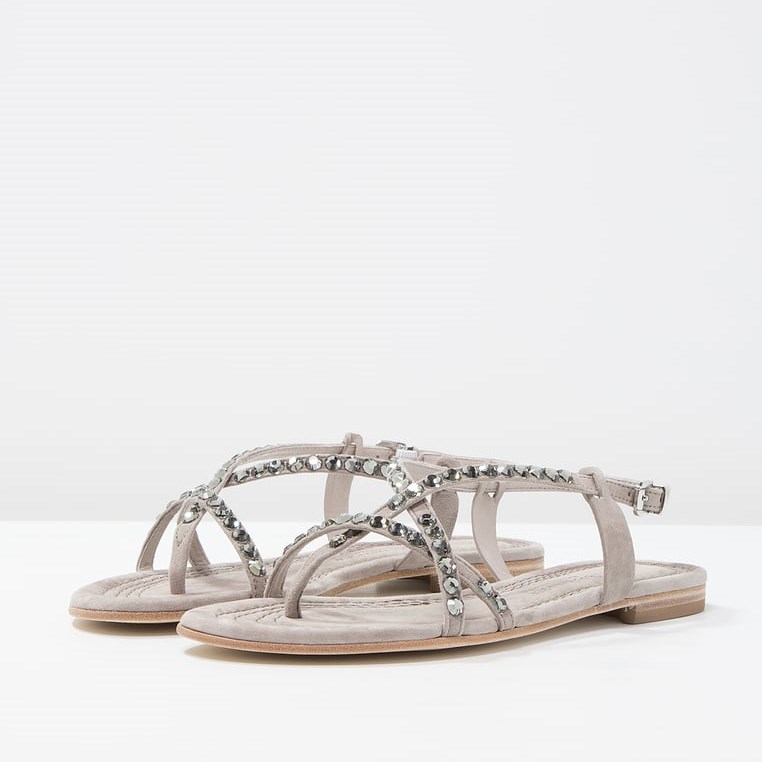 Grey Vegan Suede Flats Open Toe Rhinestone Strappy Sandals