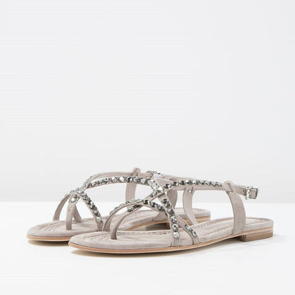 Grey Vegan Suede Flats Open Toe Rhinestone Strappy Sandals