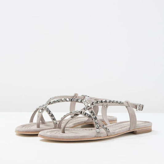 Grey Vegan Suede Flats Open Toe Rhinestone Strappy Sandals