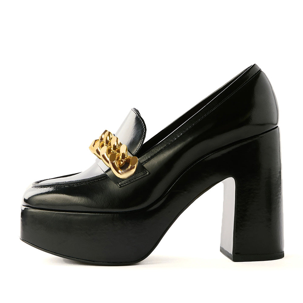 Black Square Toe Chain Chunky Heels Platform Loafers for Women