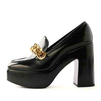 Black Square Toe Chain Chunky Heels Platform Loafers for Women
