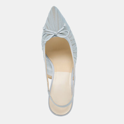 Light Blue Mesh Pleated Pointed Toe Bow Decor Slingback Heels