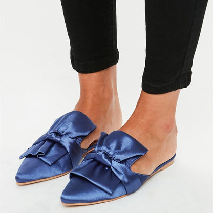 Blue Satin Bow Pointed Toe Flat Mule Loafers for Women