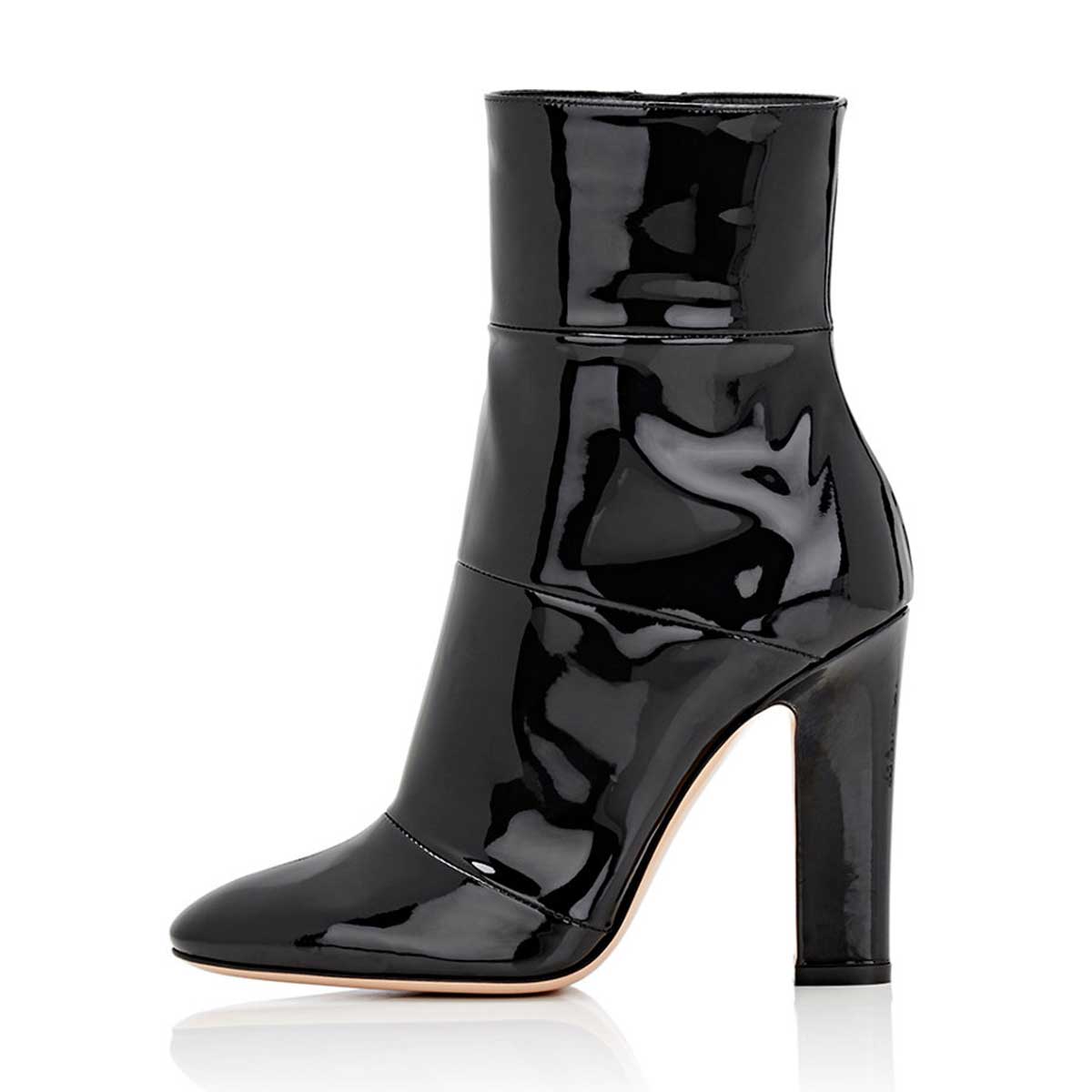 Black Chunky Heel Booties Patent Leather Pointed Toe Ankle Boots