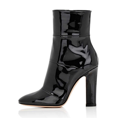 Black Chunky Heel Booties Patent Leather Pointed Toe Ankle Boots