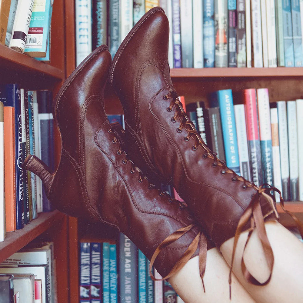 Brown Lace-Up Almond Toe Spool Heel Mid Calf Boots for Women