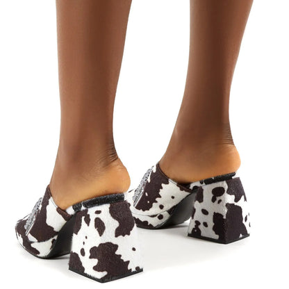 Black & White Faux Suede Square Toe Chunky Heel Mules with Milk Cow Pattern