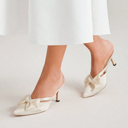 White Satin Closed Pointed Toe Bow Mules With Kitten Heels