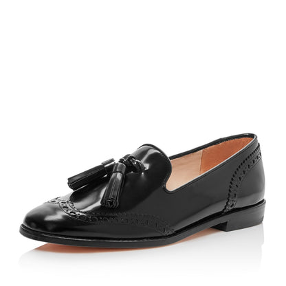 Black Wingtip Shoes Closed Toe Flat Women's Loafers with Tassels