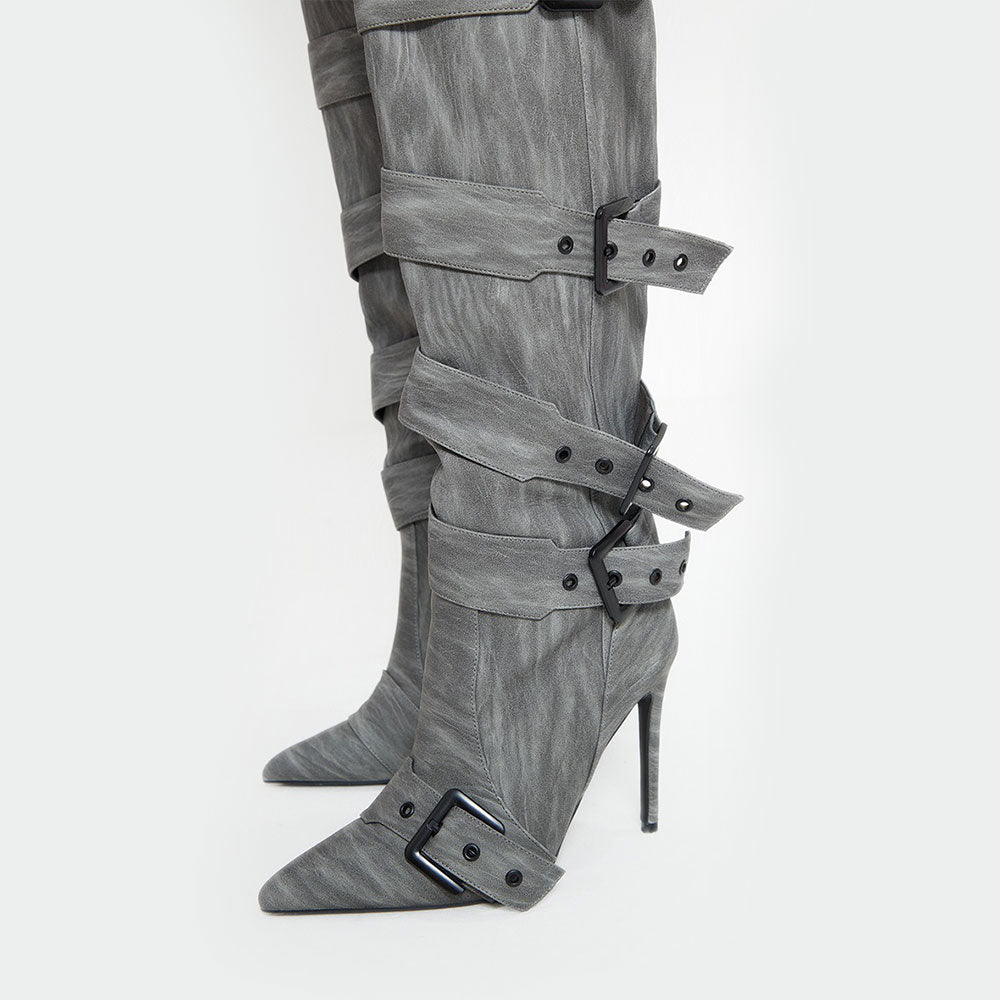 Fashion Grey Stiletto Heels Buckle Knee High Boots for Women
