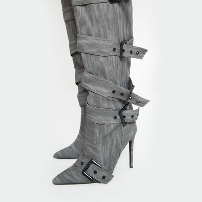 Fashion Grey Stiletto Heels Buckle Knee High Boots for Women