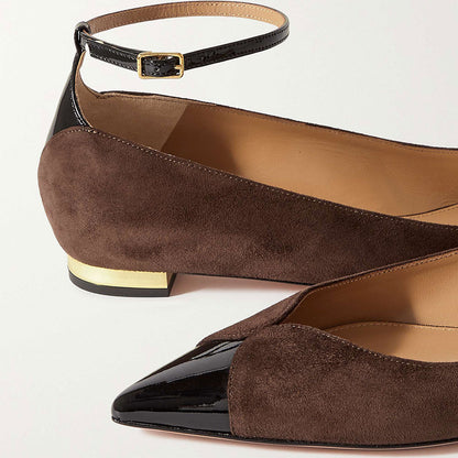 Black Patent Leather Toecap Brown Vegan Suede Ankle Strap Flats
