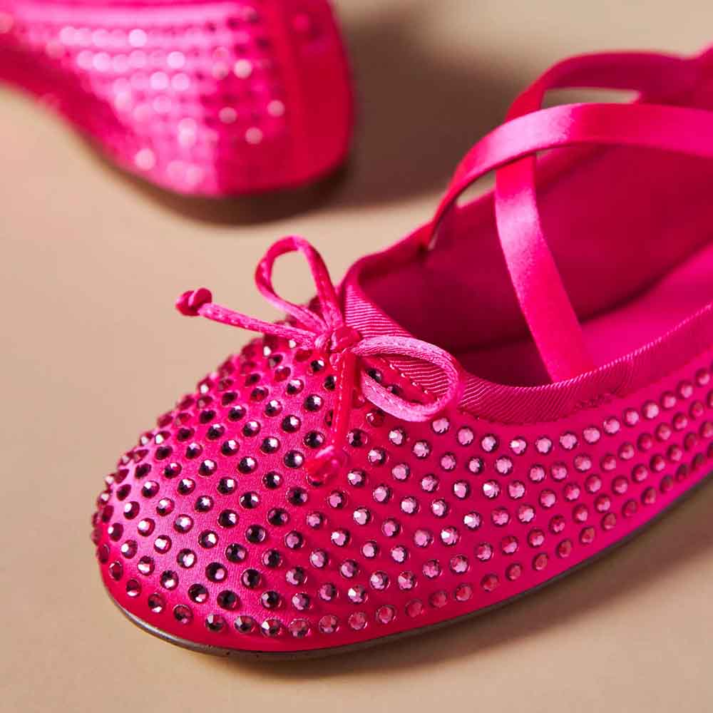 Hot Pink Satin Round Toe Strappy Slip-On Ballet Flats with Bow