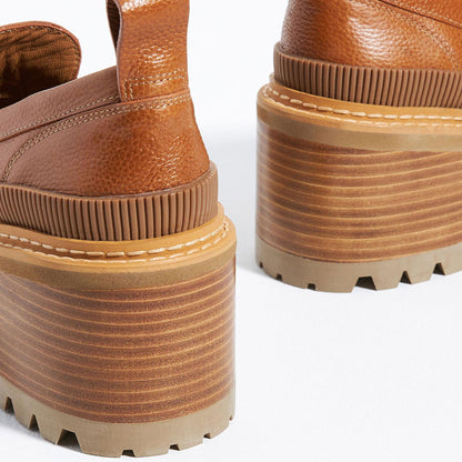 FSJ Brown Round Toe Chunky Heel Platform Loafers for Women