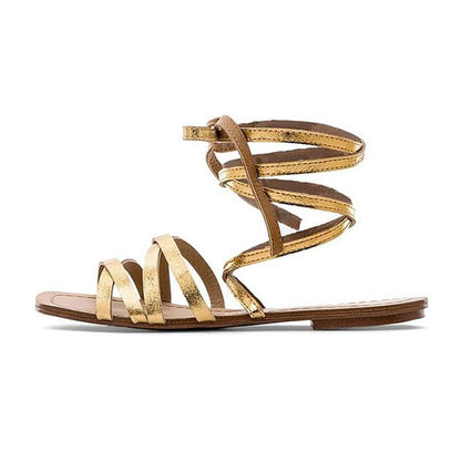 Gold Gladiator Sandals Open Toe Comfortable Flats Strappy Shoes