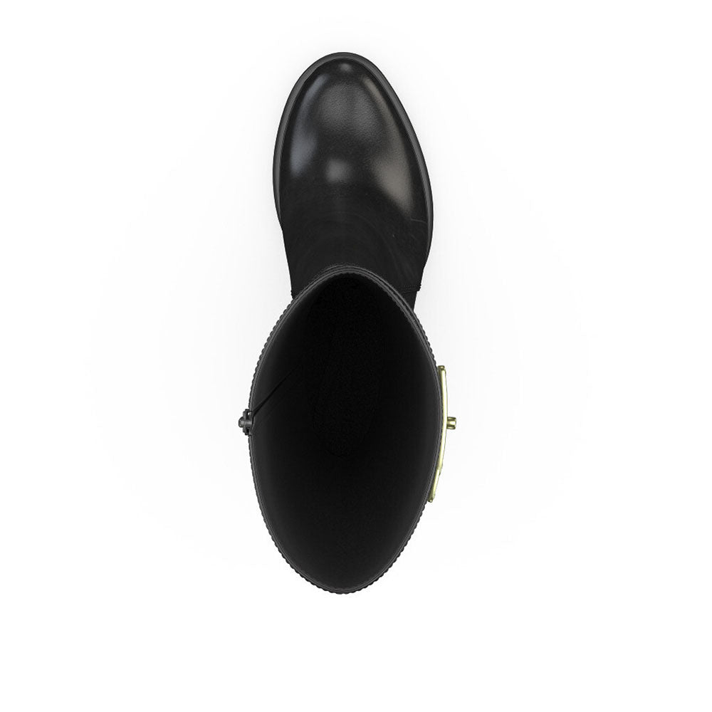 Black Round Toe Gold Metal Buckle Knee High Boots with Block Heels