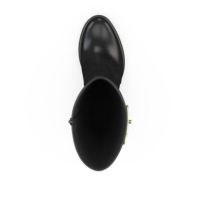 Black Round Toe Gold Metal Buckle Knee High Boots with Block Heels