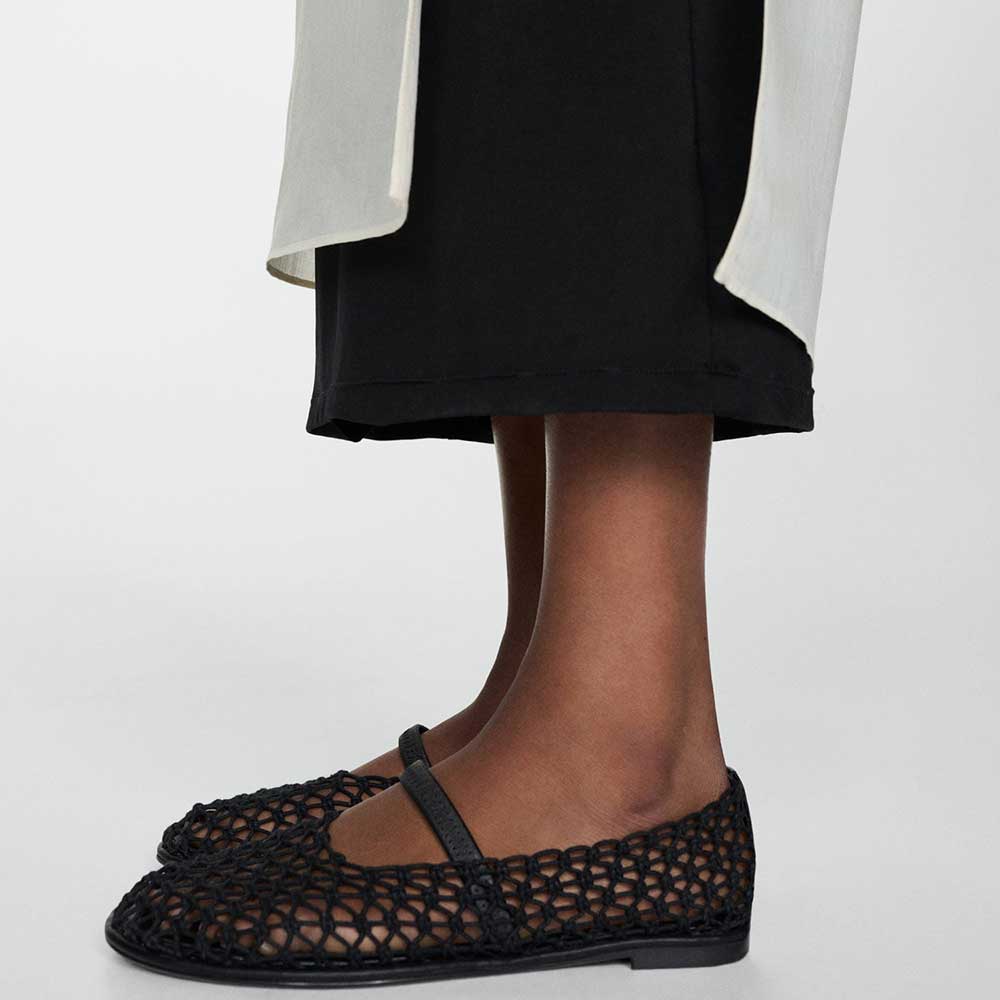 Black Textile Woven Round Toe Vegan Leather Strap Ballet Flats