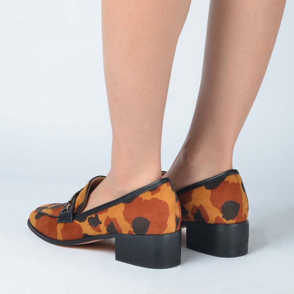 Brown Cow Print Low Chunky Heel Women's Loafers with Metal Accent