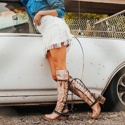 Light Brown Round Toe Lace-Up Stacked Heel Zipper Knee High Boots