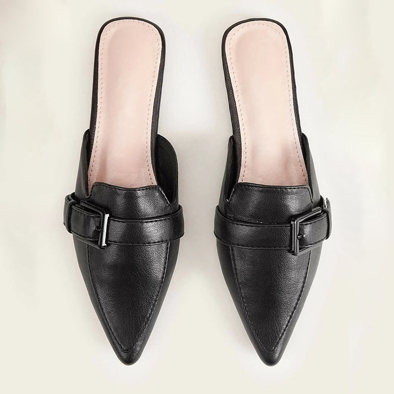 Black Pointed Toe Flats Buckle Mule Loafers for Women