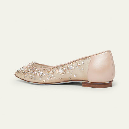 Champagne Mesh Pointed Toe Rhinestone Decor Bride Flats
