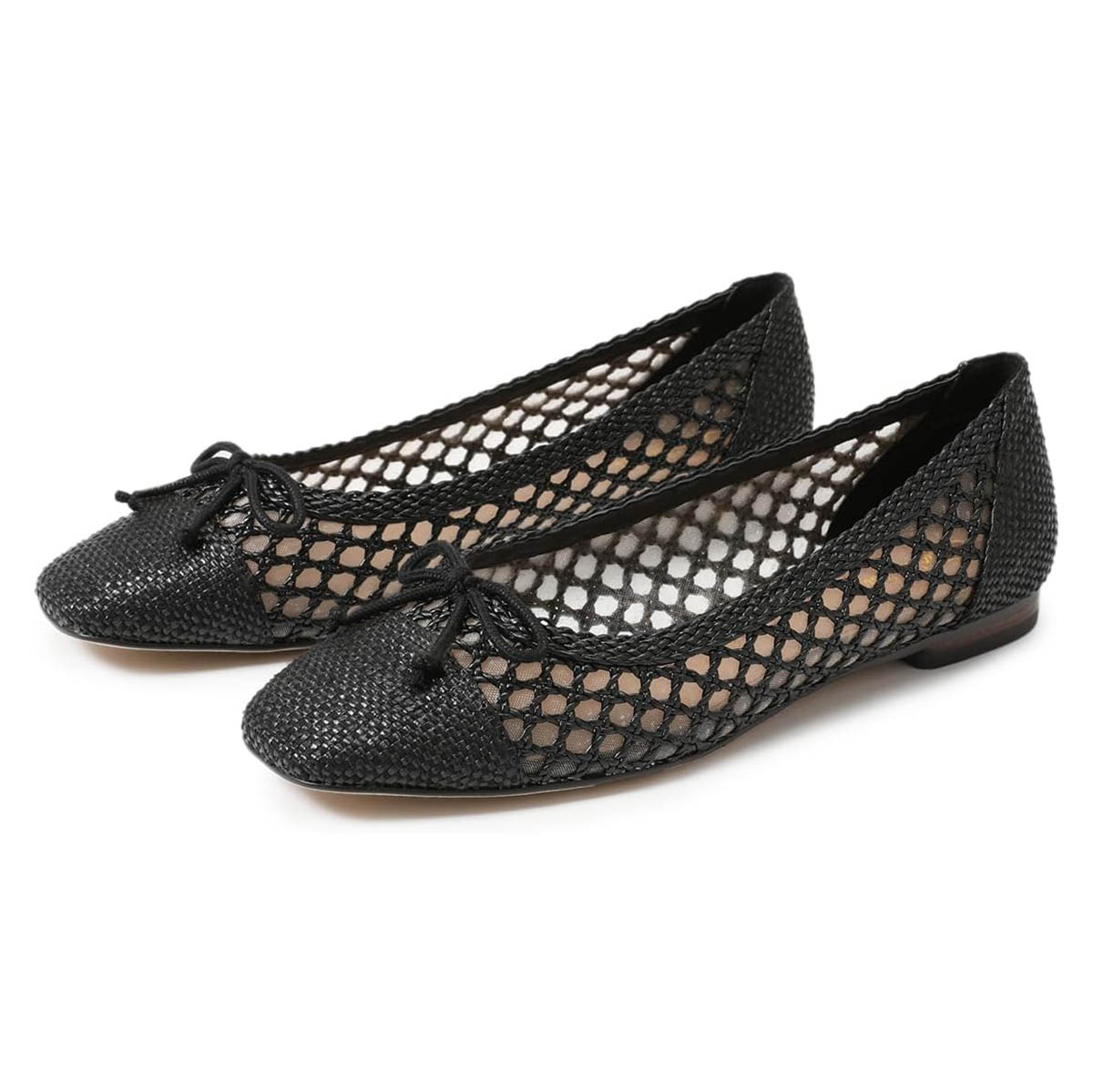 Chic Black Woven Square Toe Hollow Out Ballet Flats with Bow