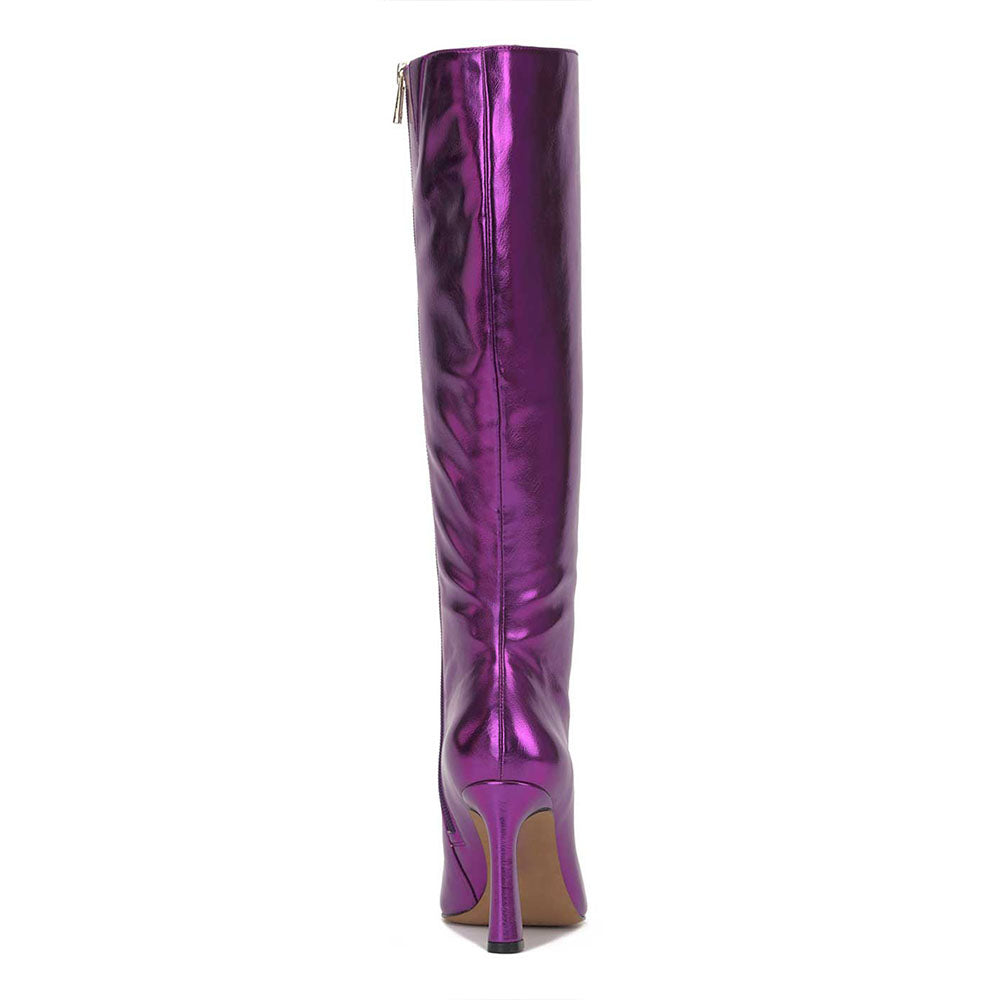 Purple Metallic Pointed Toe Chunky Heel Side Zipper Knee High Boots