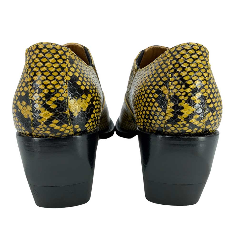 Yellow & Black Snake Embossed Almond Toe Chunky Heeled Ankle Boots